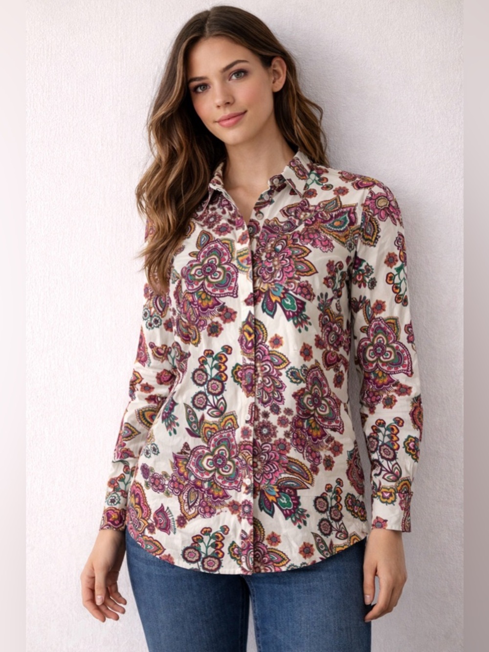 Talbots women’s size M Boho Floral Paisley Shirt 100% Cotton Button Down(A565)